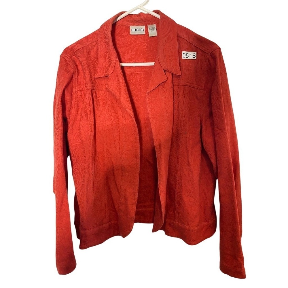 Chico's Jacket Womens Size 3 XL Red Paisley Jacquard Open Front‎ Lightweight